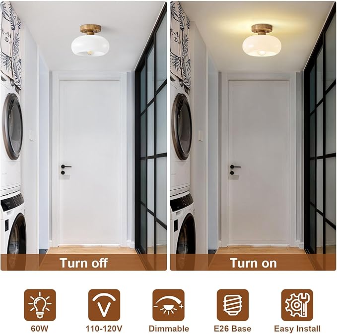 Mid-Century Modern Semi Flush Mount Ceiling Light, Faux Wood Kitchen Ceiling Light Fixture with Glass Shade, Vintage White Close to Ceiling Lamp for Entryway Hallway Bathroom (8.66 Inch)