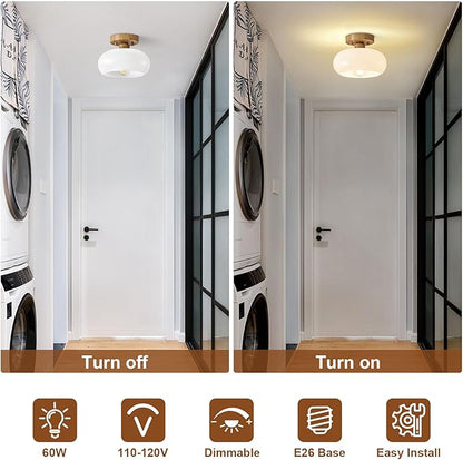 Mid-Century Modern Semi Flush Mount Ceiling Light, Faux Wood Kitchen Ceiling Light Fixture with Glass Shade, Vintage White Close to Ceiling Lamp for Entryway Hallway Bathroom (8.66 Inch)