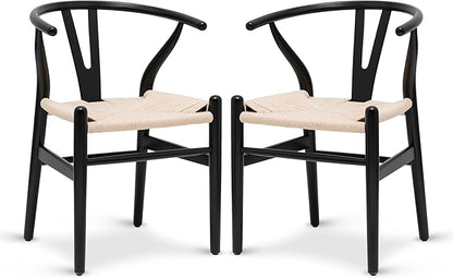 POLY & BARK Weave Dining Chairs – Mid-Century Modern Wishbone Dining Chairs with Arms, Solid Wood Frame, Indoor Use – Black – Set of 2 - Ideal for Dining Room, Kitchen or Stylish Accent Setting