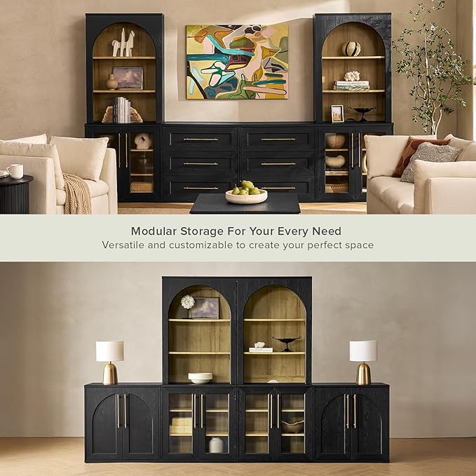 mopio Blake Storage Accent Cabinet with Hutch, Sideboard Buffet Cabinet with Storage, Kitchen Pantry Organizer, Coffee Bar Station, Trophy Display Case with Door & Shelf for Living Room (Black Oak Acrylic)