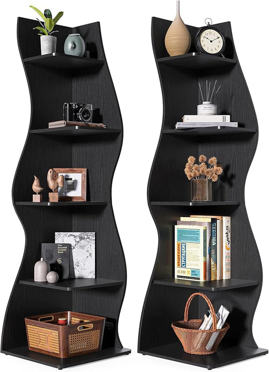 LITTLE TREE Small Corner Shelf, Modern 5-Tier Wall Corner Bookshelf, Stylish Bookcase Storage Rack for Small Space, Living Room, Bedroom, Black, 2 Pack