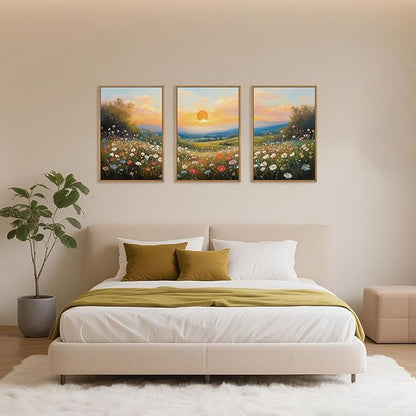 HOURIA Boho Sunrise Wildflower Framed Canvas Wall Art Set,Watercolour Nature Inspired Landscape Wall Decor,Colorful Floral Scenery Artwork,Modern Art Prints for Living Room,Bedroom,Farmhouse-24"x36"x3