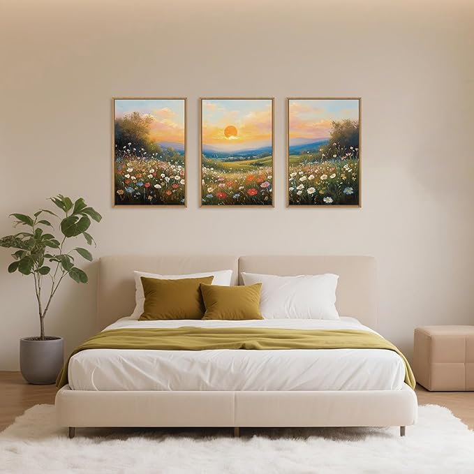 HOURIA Boho Sunrise Wildflower Framed Canvas Wall Art Set,Watercolour Nature Inspired Landscape Wall Decor,Colorful Floral Scenery Artwork,Modern Art Prints for Living Room,Bedroom,Farmhouse-16"x24"x3