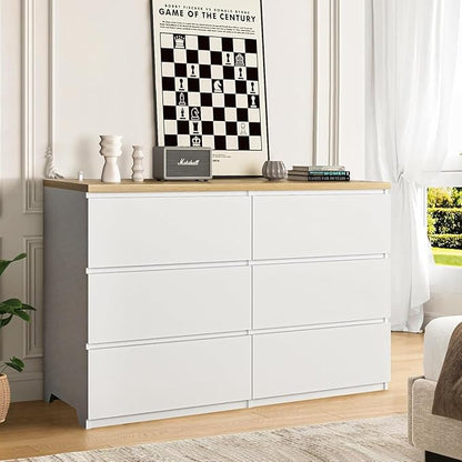 Dresser for Bedroom,Modern Large Wood Dresser,6 Chest of Drawers,Living Room,Hallway,Entryway,TV Stand Drawer Organizer(White&Natural)