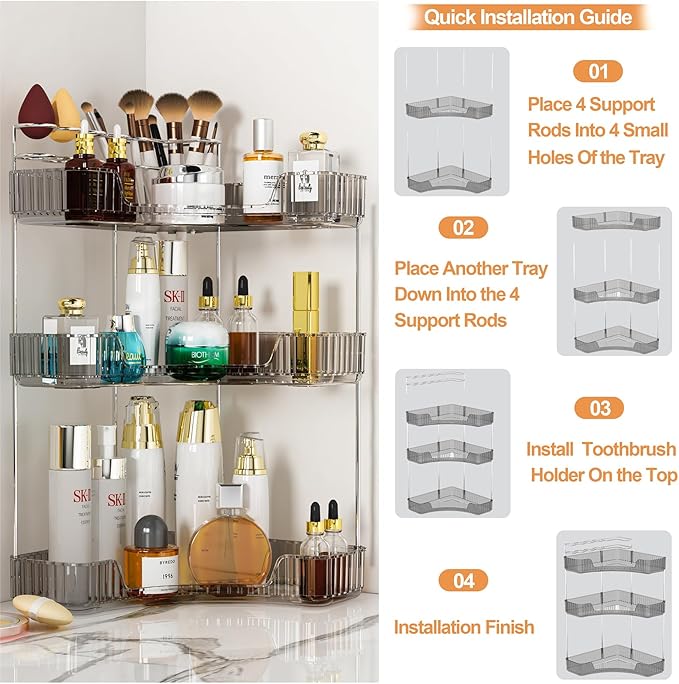 SUNZOS Modern 3-Tier Bathroom Organizer, Corner Makeup Storage with Brush Holder, Acrylic Vanity Organizer, Large Capacity Countertop Organizer for Kitchen, Dresser, Gray