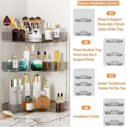 SUNZOS Modern 3-Tier Bathroom Organizer, Corner Makeup Storage with Brush Holder, Acrylic Vanity Organizer, Large Capacity Countertop Organizer for Kitchen, Dresser, Gray
