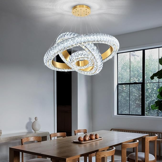 23.6" 3 Ring Crystal Chandelier Modern LED Dimmable Ring Pendant Light Round Chandelier for Dining Room Living Room Gold