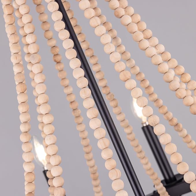 Wellmet Wood Bead Chandelier 38", 12 Light Black Wagon Wheel Chandelier, Farmhouse Dining Room Pendant Light Fixtures Bohemian Coastal Chandeliers for Foyer, Kitchen, Living Room, Entryway, Bedroom