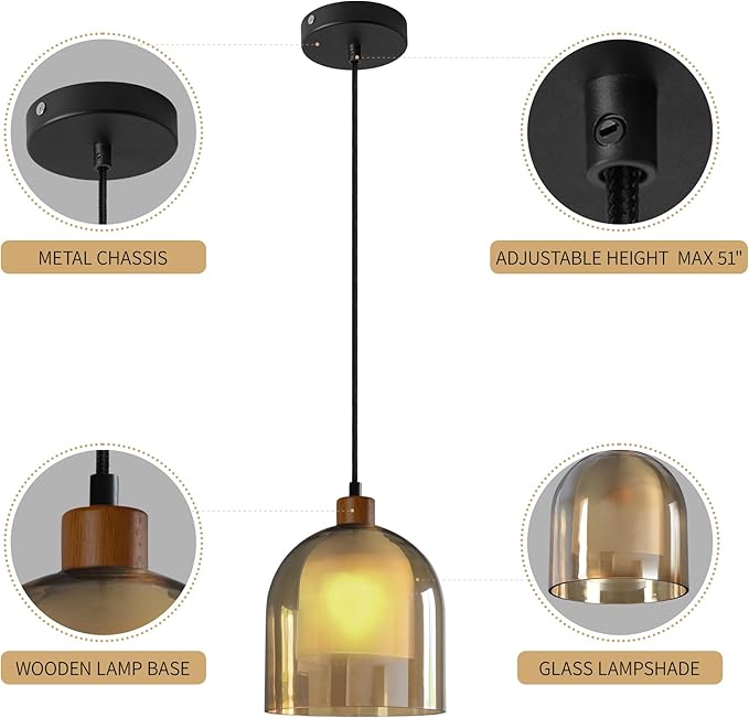 Aisilan Large Gold Pendant Light Fixture Modern Amber 7" Glass Pendant Lights Adjustable Vintage Pendant Light with 5W E12 Bulb Hanging Light Fixture for Kitchen Island Living Room Dining Room