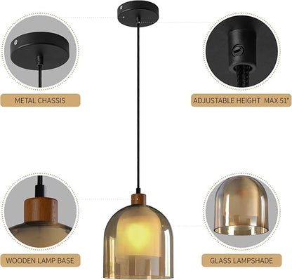 Aisilan Large Gold Pendant Light Fixture Modern Amber 7" Glass Pendant Lights Adjustable Vintage Pendant Light with 5W E12 Bulb Hanging Light Fixture for Kitchen Island Living Room Dining Room