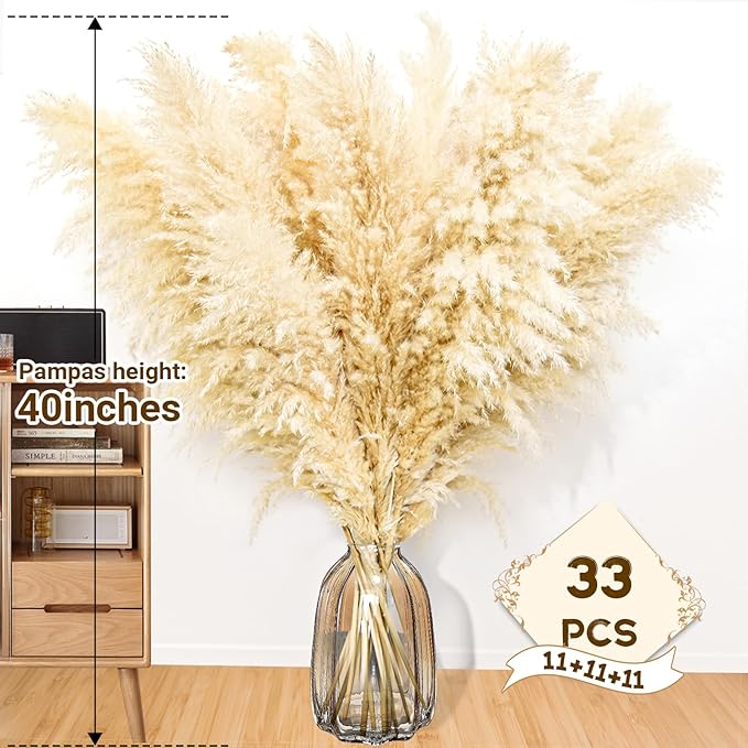 40" 33PCS Dried Pampas Grass Decor Tall,Large Natural Beige pompas Grass Tall Pampas Grass for Floor Vase,Wedding Decoration,Party,Farmhouse,Boho Home Decor,and Creating a Bohemian Ambiance
