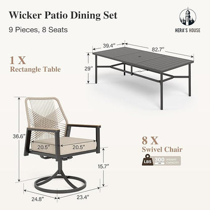 HERA'S HOUSE 9 Pieces Outdoor Dining Set, Patio Table and Chairs for 8, 8 x Cushioned Swivel Chairs and 1 x 83 Large Rectangle Dining Table, Outdoor Dining Table Set for Lawn Garden Porch