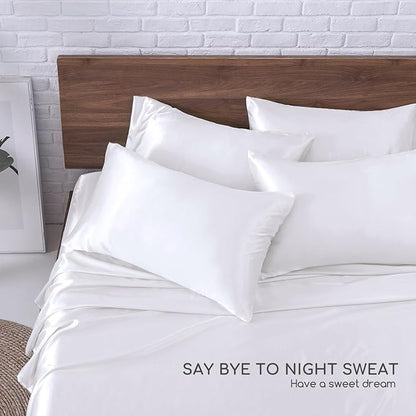 MR&HM Satin Bed Sheets, Full Size Sheets Set, 6 Pcs Silky Bedding Set with 15 Inches Deep Pocket for Mattress (Full, White)