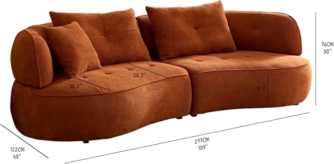 109" Modern Curved Sofa Sectional Couch, Luxury Comfy Boucle Upholstered Couches, Oversized 3 Seater Minimalist Deep Seat Modular Sofas for Living Room,Bedroom, Home Office, Apartment, Orange