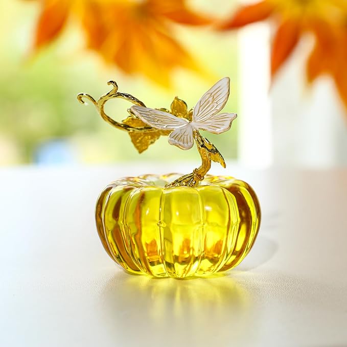 HDCRYSTALGIFTS 2.5inch Glass Pumpkin Figurines Collectibles Table Accent for Fall & Harvest, Hand Blown Glass Pumpkin Art Decorations for Home Thanksgiving