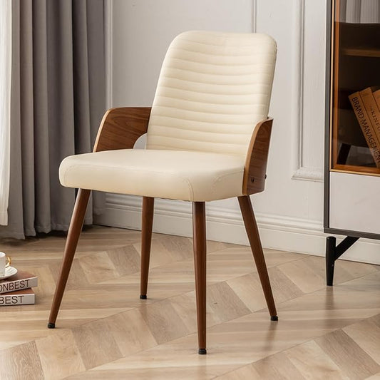 Dining Room Chairs,Mid Century Modern Kitchen Chair,Upholstered Faux Leather Chairs,Metal Legs Wooden Desk Chair,Armless and No Wheels for Kitchen Dining,Beige PU,1PCS
