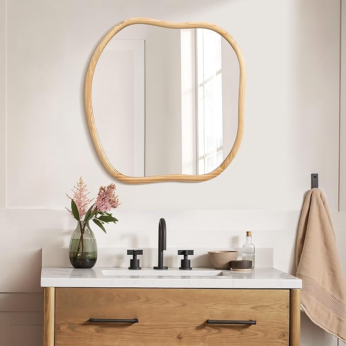 LuxenHome Asymmetrical Wall Mirror for Bathroom Entryway, Large Irregular Square Solid Wood Framed Wall Mounted Modern Decorative Vanity Mirror, Hanging Sculptures Accent for Living Room Bedroom Decor