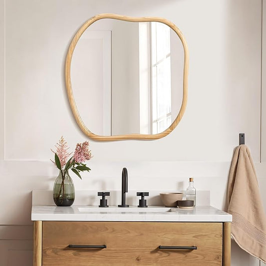 LuxenHome Asymmetrical Wall Mirror for Bathroom Entryway, Large Irregular Square Solid Wood Framed Wall Mounted Modern Decorative Vanity Mirror, Hanging Sculptures Accent for Living Room Bedroom Decor