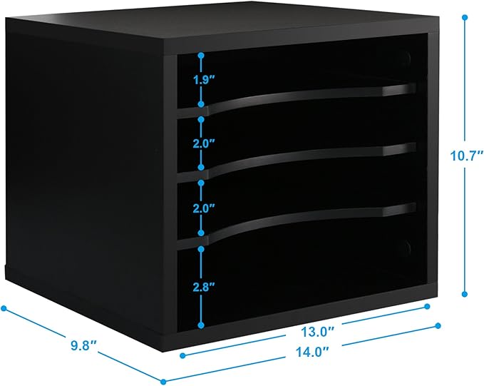 FITUEYES Wood Desk Paper Organizer with 4 Tiers Storage, Desktop File Holder, Document Letter Sorter with Adjustable Shelves, Home Office Wooden Mail Rack, Black