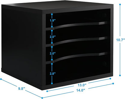 FITUEYES Wood Desk Paper Organizer with 4 Tiers Storage, Desktop File Holder, Document Letter Sorter with Adjustable Shelves, Home Office Wooden Mail Rack, Black