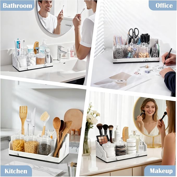 Bathroom Counter Organizer with 3PCS Qtip Holder, Marble Toothbrush Holders for Bathrooms, Bathroom Organizers and Storage with Drain Holes, Electric Toothbrush Holder, Vanity Organizer