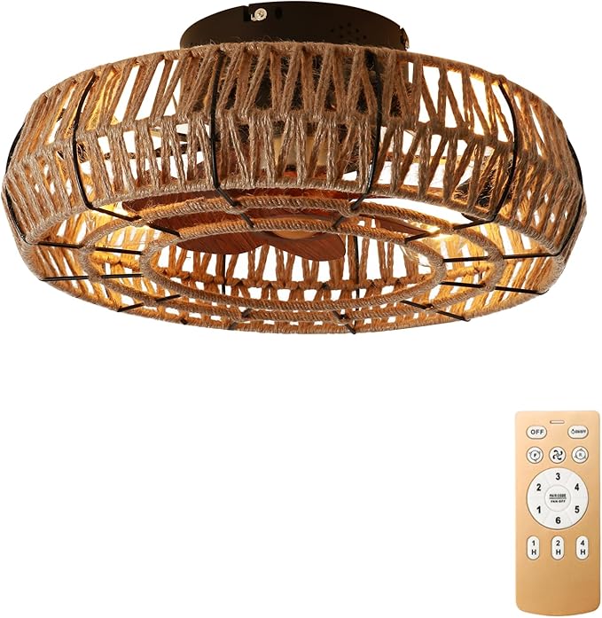 20" Caged Ceiling Fans with Lights and Remote, Boho Flush Mount Ceiling Fan with Light, Low Profile Chandelier 6 Speed Bladeless Reversible Ceiling Fan w/ 4 Bulbs. for Living Room Bedroom.