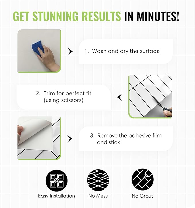 5 Pack Peel and Stick Backsplash Subway Tiles, Extra Thick 3D Wall Panels, Heat & Water Resistant,Easy DIY Kitchen,Bathroom, Laundry, Fireplace & Rental Home Wall Décor (12 x 12 in), White Black Grout