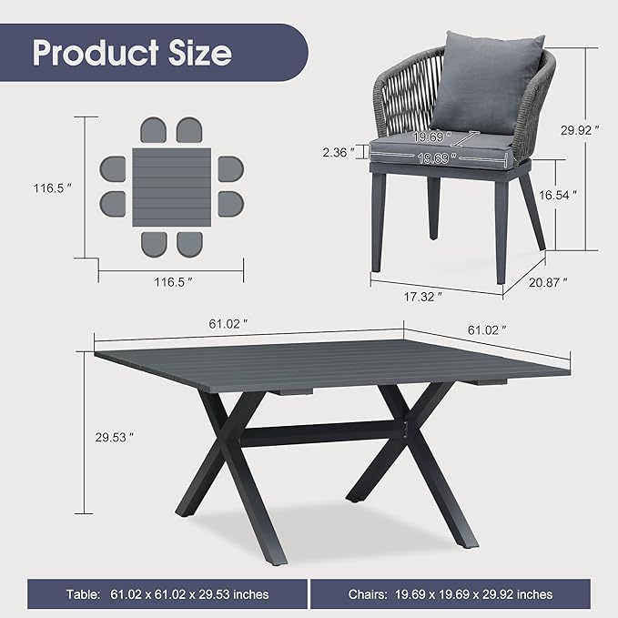 PURPLE LEAF 9 Pieces Outdoor Metal Furniture Set Patio Conversation Sets Dining Set, 1 Square Dining Table and 8 Modern Chairs with Cushions Seat Grey
