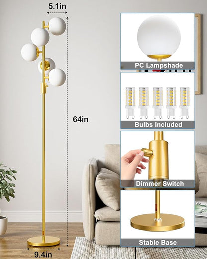 Dimmable Gold Floor Lamp, 64IN Tall Standing Lamps with 5 Globe Soft Warm White Eye Care 3000K G9 Bulbs, Mid Century Modern Floor Lamp for Living Room Bedroom Office