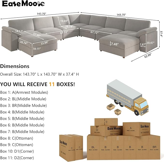 EASE MOOSE Oversized Modular Sectional Sofa with Ottoman, Modern Luxury Wide Deep Modular Couch, U Shaped Couch for Big Spaces Living Room