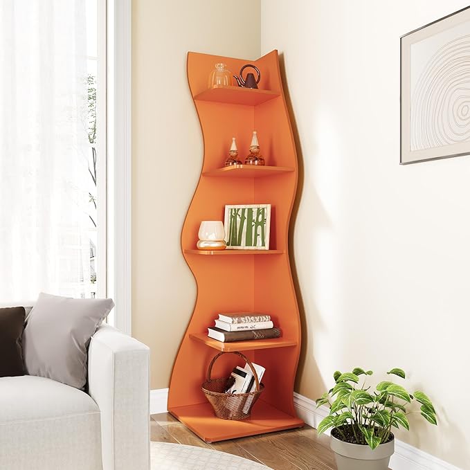 LITTLE TREE Small Corner Shelf, Modern 5-Tier Wall Corner Bookshelf, Stylish Bookcase Storage Rack for Small Space, Living Room, Bedroom, Orange, 2 Pack