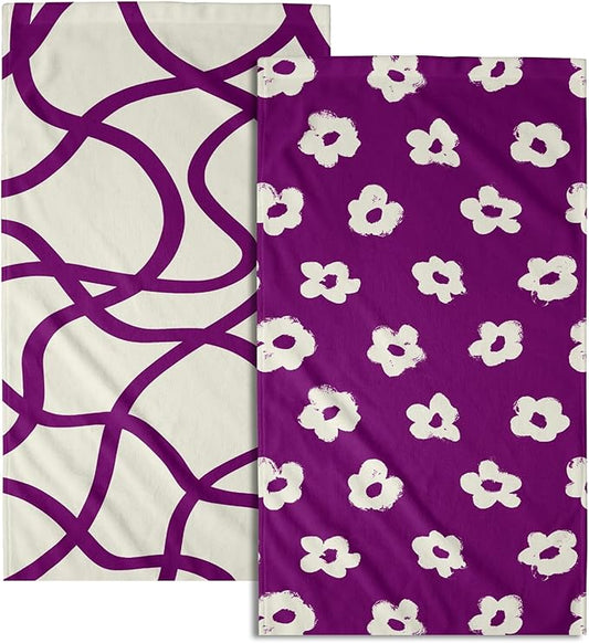 Modern Style Kitchen Towels Set of 2 Purple Floral Quick Dry Microfiber Dish Towels