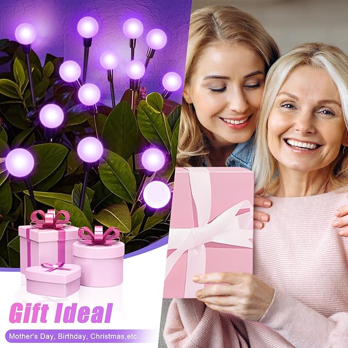 Solar Garden Lights 16 LEDs, Purple, 2 Pack 8 Heads, Outdoor Waterproof, Swaying Firefly Lights for Yard, Patio, Pathway, Lawn Decorations