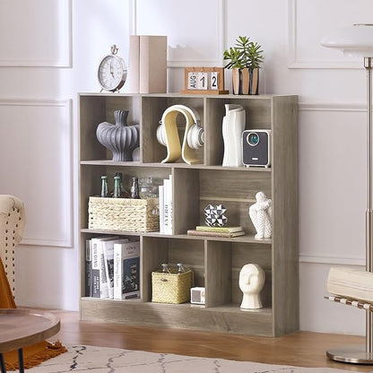 LEYAOYAO 8 Cube Bookshelf with Base,3 Tier Mid-Century Modern Grey Bookcase,Standing Wide Bookshelves Storage Organizer Shelf,Rustic Wood Display Cabinet Book Shelves for Bedroom,Living Room,Office