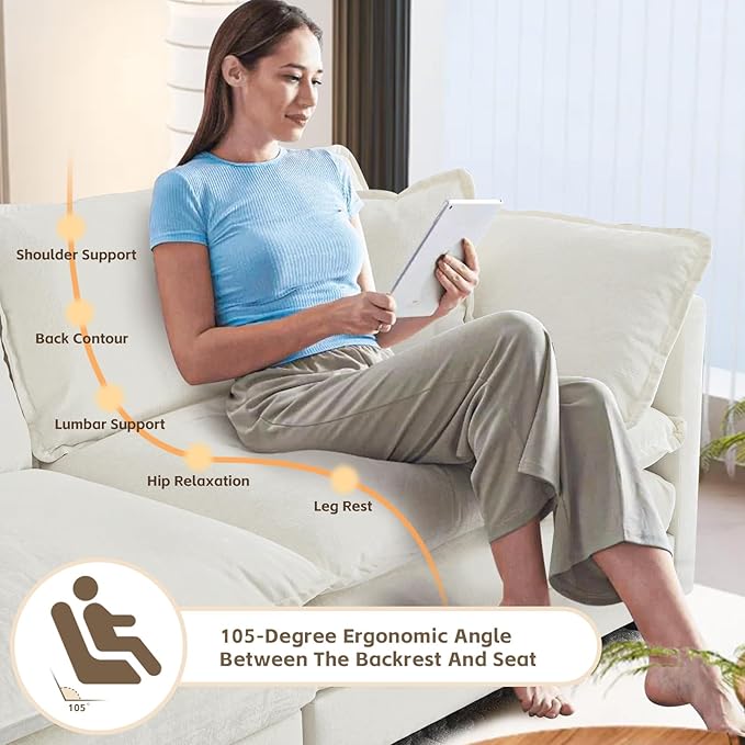 SoarFlash Chenille Sectional Sofa, Comfy Modular Loveseat Sofa, Modern 3-Seat Couch Deep Seat Sofa Set for Living Room,White