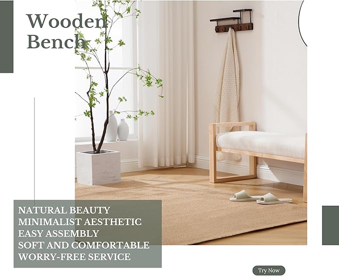 Kmax Entryway Bench, Wooden Bench for Bedroom End of Bed with Hollow Arms Farmhouse Upholstered Bench Rustic Window Bench for Entry Way Bedroom Living Room - Linen, Beige