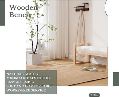 Kmax Entryway Bench, Wooden Bench for Bedroom End of Bed with Hollow Arms Farmhouse Upholstered Bench Rustic Window Bench for Entry Way Bedroom Living Room - Linen, Beige