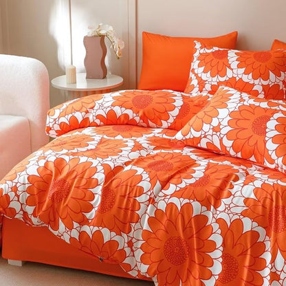 CLOTHKNOW Sunflower Comforter Set King Size Orange Whtie Bedding Comforter Sets Rust Flower Comforter Botanical Comforter Sets