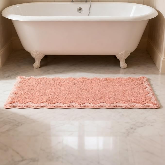 ORTIGIA Cute Coral Pink Scalloped Bath Mat, Fun Plush Microfiber Scallop Bathroom Rugs Non Slip Washable Quick Dry Absorbent, Bath Rug for Shower Stall Vanities Kitchen Floor Entrance, 17x47