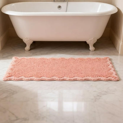 ORTIGIA Cute Coral Pink Scalloped Bath Mat, Fun Plush Microfiber Scallop Bathroom Rugs Non Slip Washable Quick Dry Absorbent, Bath Rug for Shower Stall Vanities Kitchen Floor Entrance, 17x47