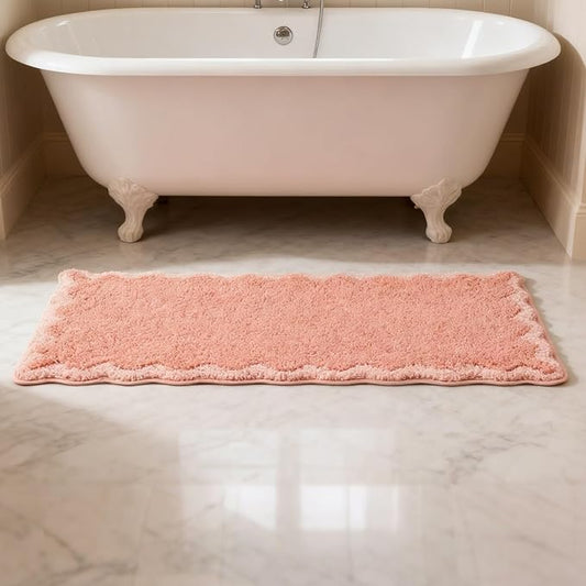 ORTIGIA Cute Coral Pink Scalloped Bath Mat, Fun Plush Microfiber Scallop Bathroom Rugs Non Slip Washable Quick Dry Absorbent, Bath Rug for Shower Stall Vanities Kitchen Floor Entrance, 17x47