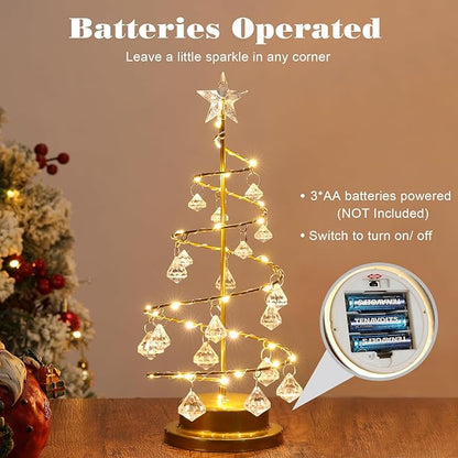 Lewondr Christmas Tree Light, 11'' Battery Operated Christmas Tree Night Light, Crystal Spiral Xmas Tree Table Lamp with Star Light & Metal Stand, Christmas Decoration for Home Room Desk Indoor, Gold