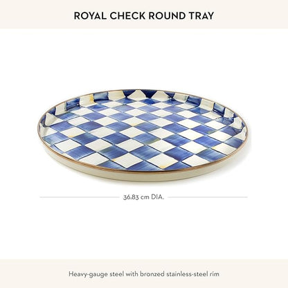 MACKENZIE-CHILDS Enamel Round Tray, Unique Serving Platter for Food and Drinks, Blue-and-White Royal Check