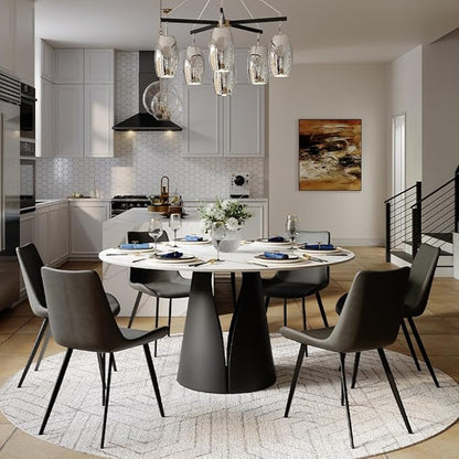 POVISON 59" Modern Round Dining Table, Marble Round Dining Room Table for 6, Matte White Sintered Stone Tabletop with Black Carbon Steel Pedestal, Circle Dining Table for Kitchen Room (Table Only)