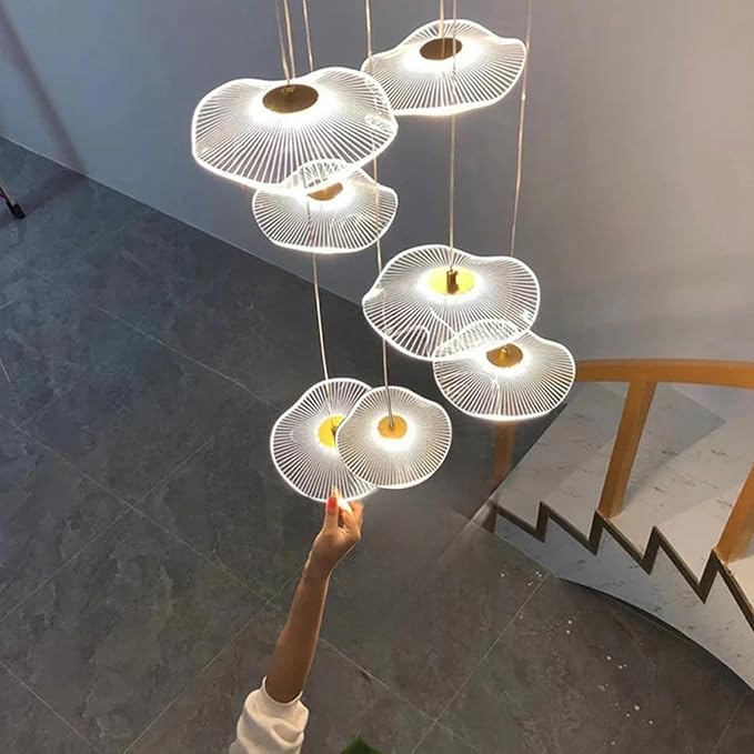 ziidoo High Ceiling Chandelier - 7-Light Dimmable Modern Gold Long Spiral Luxury Linear Lotus Leaf Led Lamp Hanging Pendant Lights for Foyer Enterway Staircase Villas