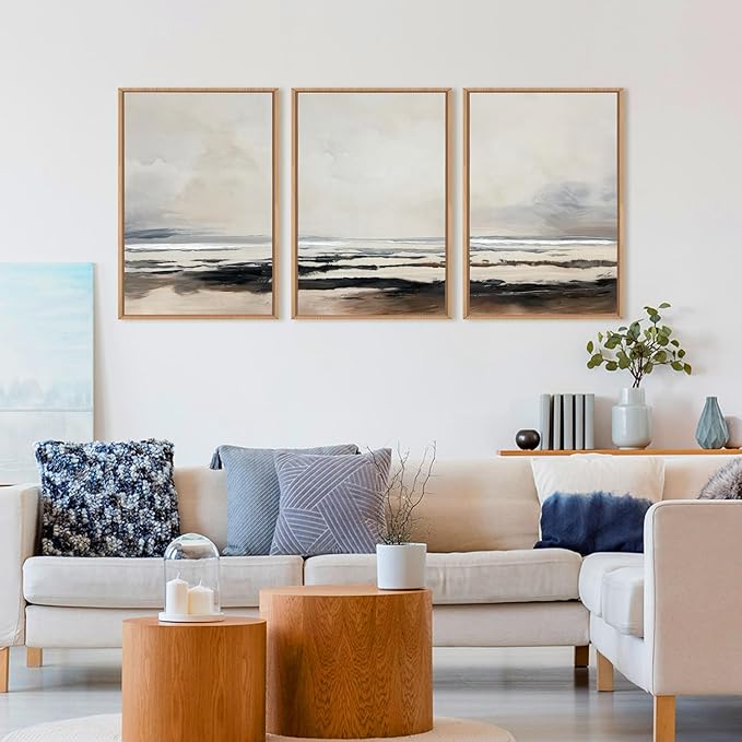 HOURIA Large Neutral Abstract Gray Framed Wall Art Set,Minimalist Modern Beige Brown Landscape Wall Decor,Wilderness Filed Artwork,Watercolor Misty Lake Print for Living Room,Bedroom,Office- 24"x36"x3