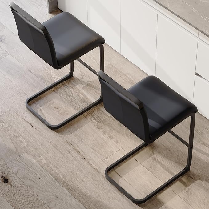 Bar Stools Set of 2,25" Counter Height Bar Stools with Footrest,Black Faux Leather Kitchen Stools with Black Painted Metal Leg,Counter Height Stool Ideal for Island Pub Kitchen Counter Dining Chair