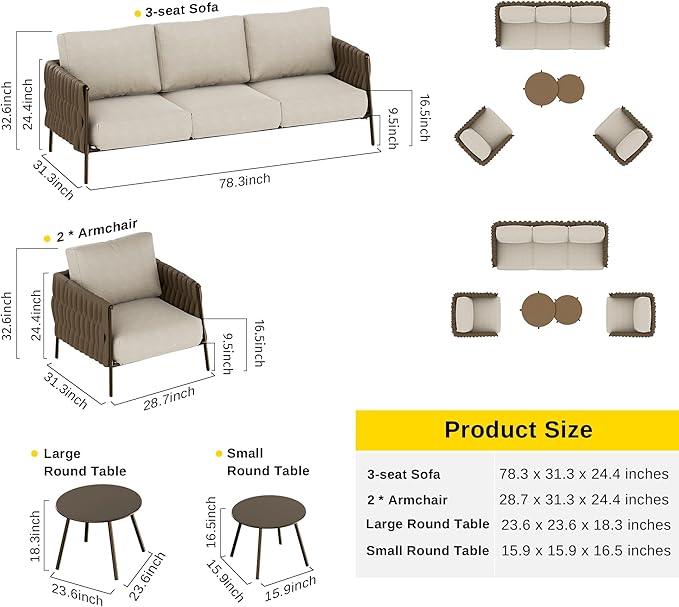 EAST OAK Life Chatter Patio Furniture Set 5 Pieces, Outdoor Chair 5-Seat with Two Round Table, Waterproof Thick Cushion Deep Seating for Porch, Balcony, Chestnut Brown & Creamy Apricot