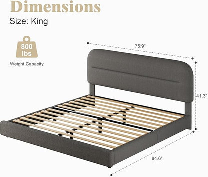King Size Bed Frame, Boucle Upholstered and Headboard, Soft King with Thickened Footboard, Rounded Corners, No Box Spring Needed, Easy Assembly, Grey