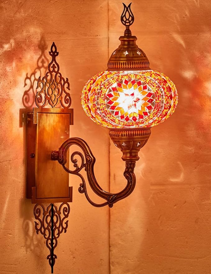 Turkish Moroccan Mosaic Plug-in Wall Sconce Lamp, Handmade Tiffany-Style Glass Globe, Ornate Brass Base, 5.2ft Cord, Decorative Lighting for Living Room, Bedroom, Dining Room,15x5 in, Red&Orange
